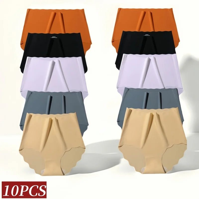 

10Pcs/Set Panties Women Seamless Briefs Ice Silk High Rise Panties Female Underpants Solid Comfy Underwear Lingerie