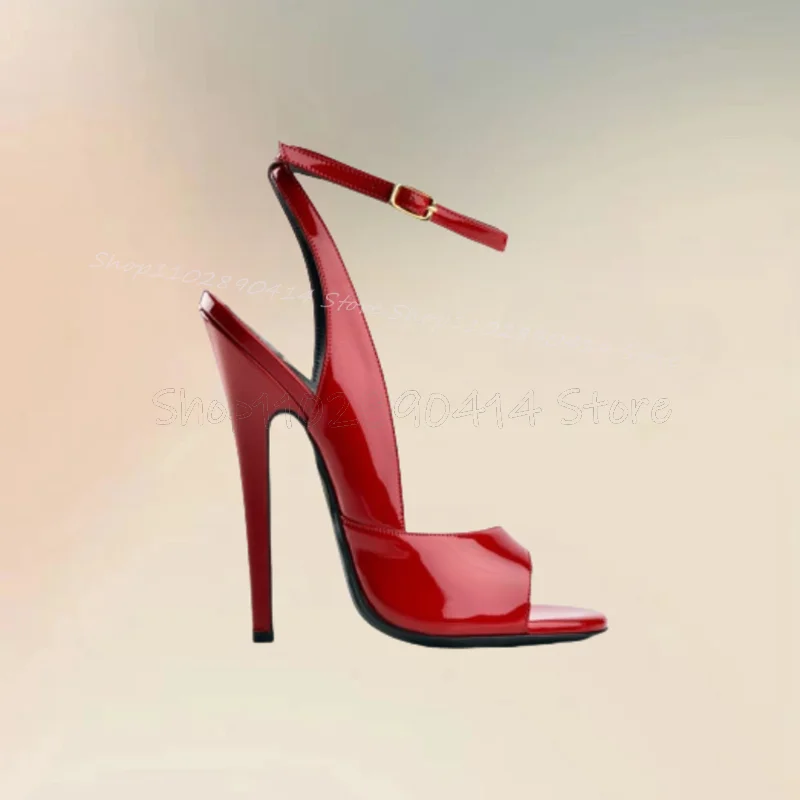 

Red Patent Leather Stilettos High Heel Sandals Ankle Buckle Strap Women Shoes Open Toe Fashion Party 2025 Zapatos Para Mujere