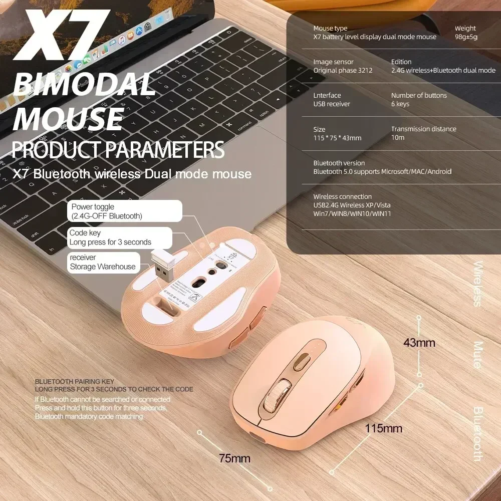 New Free Wolf X7 Wireless Bluetooth Silent Mouse PAW3212 2400DPI Rechargeable Esports Gaming Mouse PC Laptop Windows Android Mac