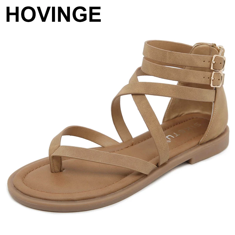 Fashion Black Sandals for Women Buckle Decor Zipper Back Thong Sandals Gladiator Style Ankle Strap Casual Outdoor Office Shoes