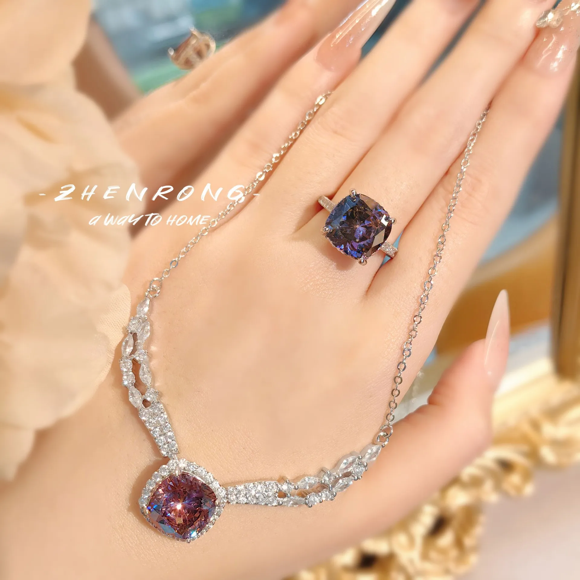 Women 925 Silver Color Princess Cut Purple Ring Necklace Angel Wings High Carbon Lab Diamond Wedding Engagement Jewelry Sets