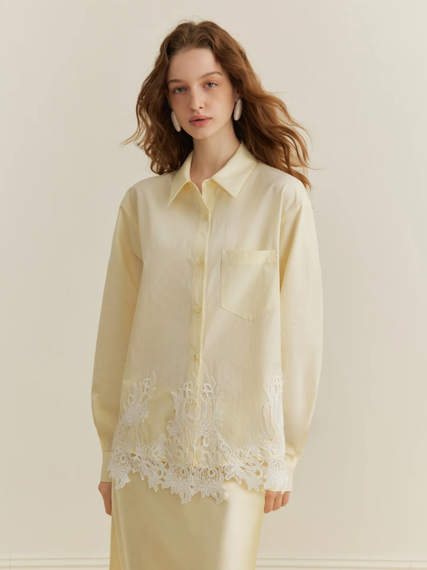

AEL Original Gentle Floral Lace irt Women's Long Sve Commute Top Yellow Cotton Loose Fit French Sle Spring