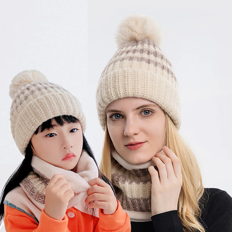 New Children Ski Hats Women's Knitted Wool Caps Outdoor Sports Riding Snowboard Caps Kids Hat Windproof Warm Parent-Child Caps