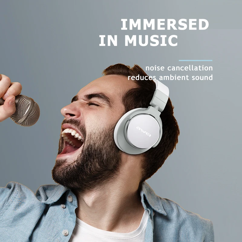 Awei-A710BL ANC Auscultadores com cancelamento de ruído ativo, Bluetooth com áudio de alta resolução, Over Ear, Headset sem fio com microfone