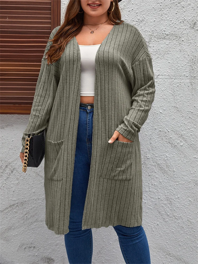 Wmstar Plus Size Outwear Women Cardigans Fall Winter Clothes Knitted Coat Fashion Long Top with Pockets Wholesale Dropshipping