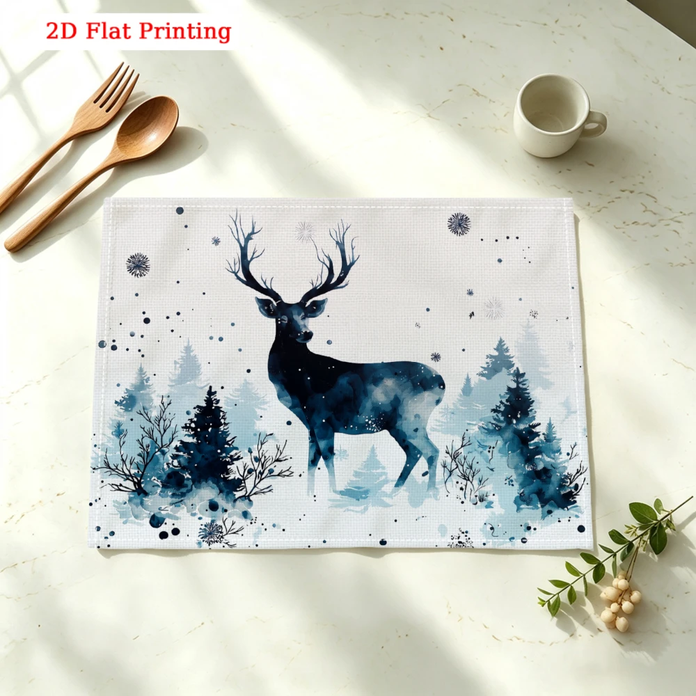 Blue Deer Winter Forest Scene Kitchen Placemat Coaster Linen Pad Dish Coffee Cup Table Mat 30x40cm Home Decor
