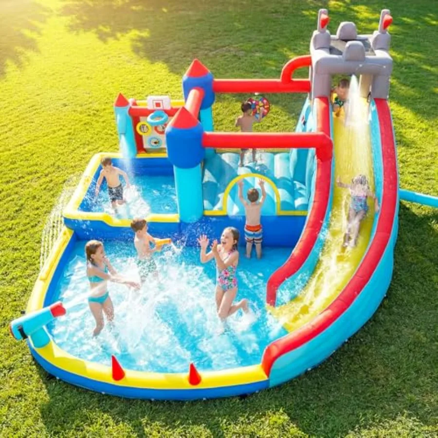 

Backyard birthday party inflatable water bounce house, PVC blue with splash pools, water cannon spray belt, 15x14 FT, 750W blow