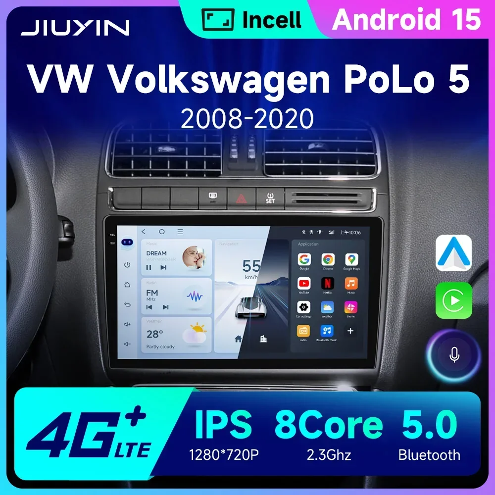 JIUYIN 2 Din Car Multimedia Player Android 15 GPS WiFi Carplay for Volkswagen VW Polo5 2008-2020 with GPS Navigation