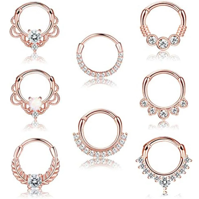 8Pcs 16G Septum Nose Rings, 316L Stainless Steel Hoop Nose Rings CZ Cartilage Tragus Helix Daith Hoop Earring Piercing Jewelry