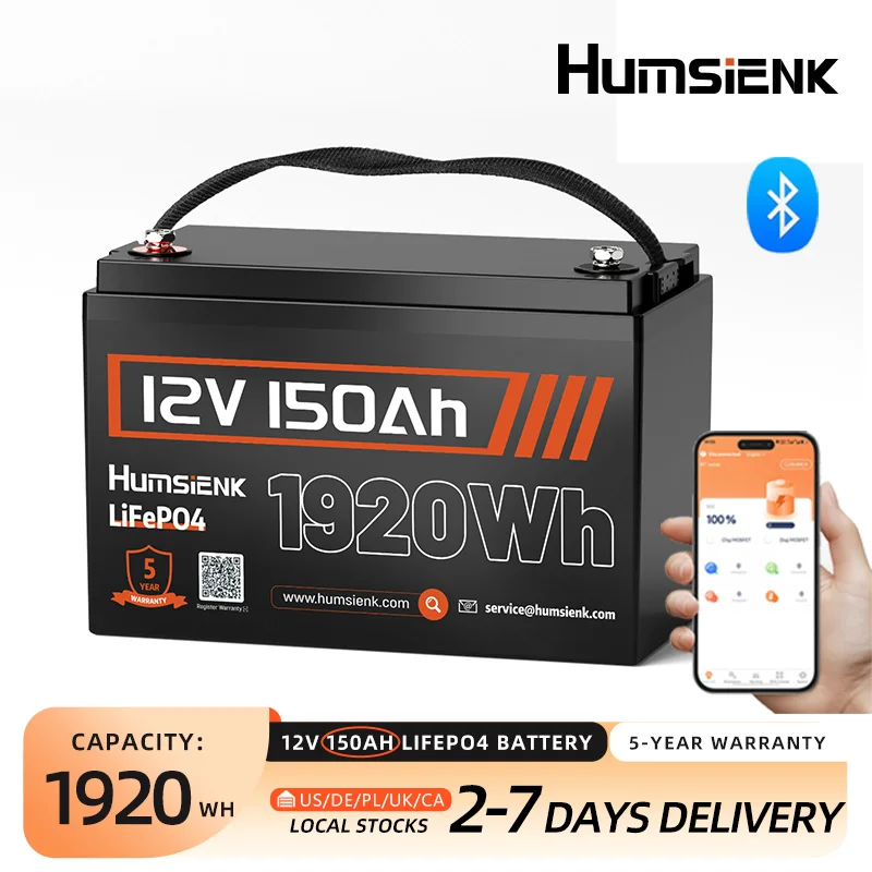 

Литиевая батарея Humsienk 12V 150AH LiFePO4 с Bluetooth и защитой от низких температур, встроенным BMS 110A для троллингового мотора/GP31