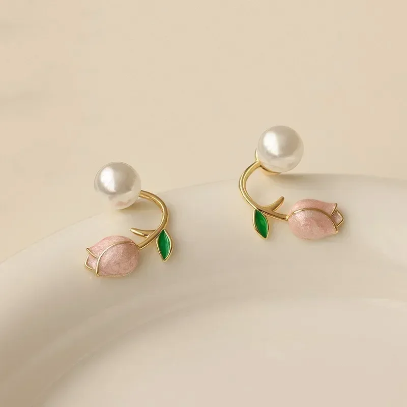 Sweet Fashion Enamel Pearl Tulip Flower Stud Earrings for Women Korean Temperament Zircon Back Hanging Earring Wedding Jewelry