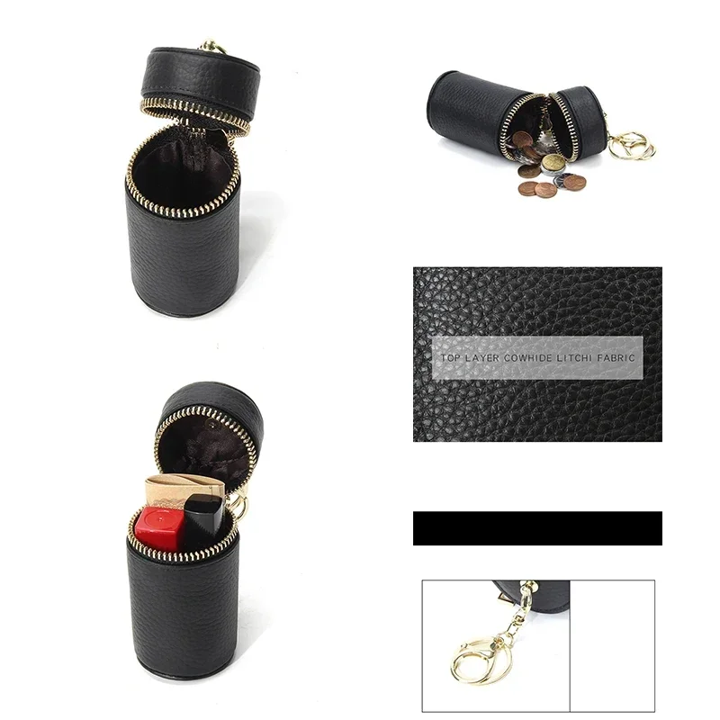 Mini Genuine Leather Lipstick Bag with Key Holder ,Fashion Women Mini Coin Purse, Car Key Chain Pendant, Cylinder Key Bag Gift