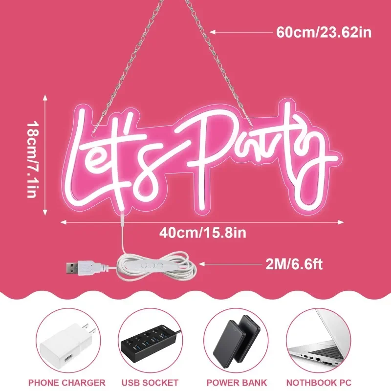 Dimmable Let's Party Pink Neon Wall Decor 5 Brightness USB LED Light Up Wedding Birthday Bedroom Backdrop 16x7 Inches