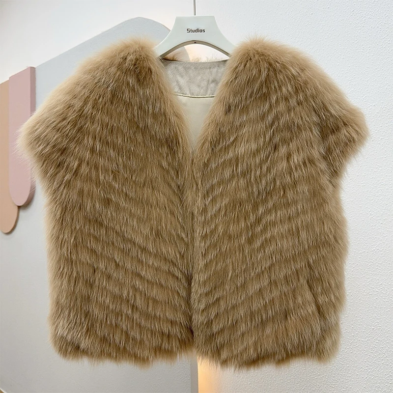 Autumn Winter Warm Women Real Fox Fur Vest Coat Fur Strip Sewed Toghter Waistcoat Female Short Jacket Natural Fur Outwear