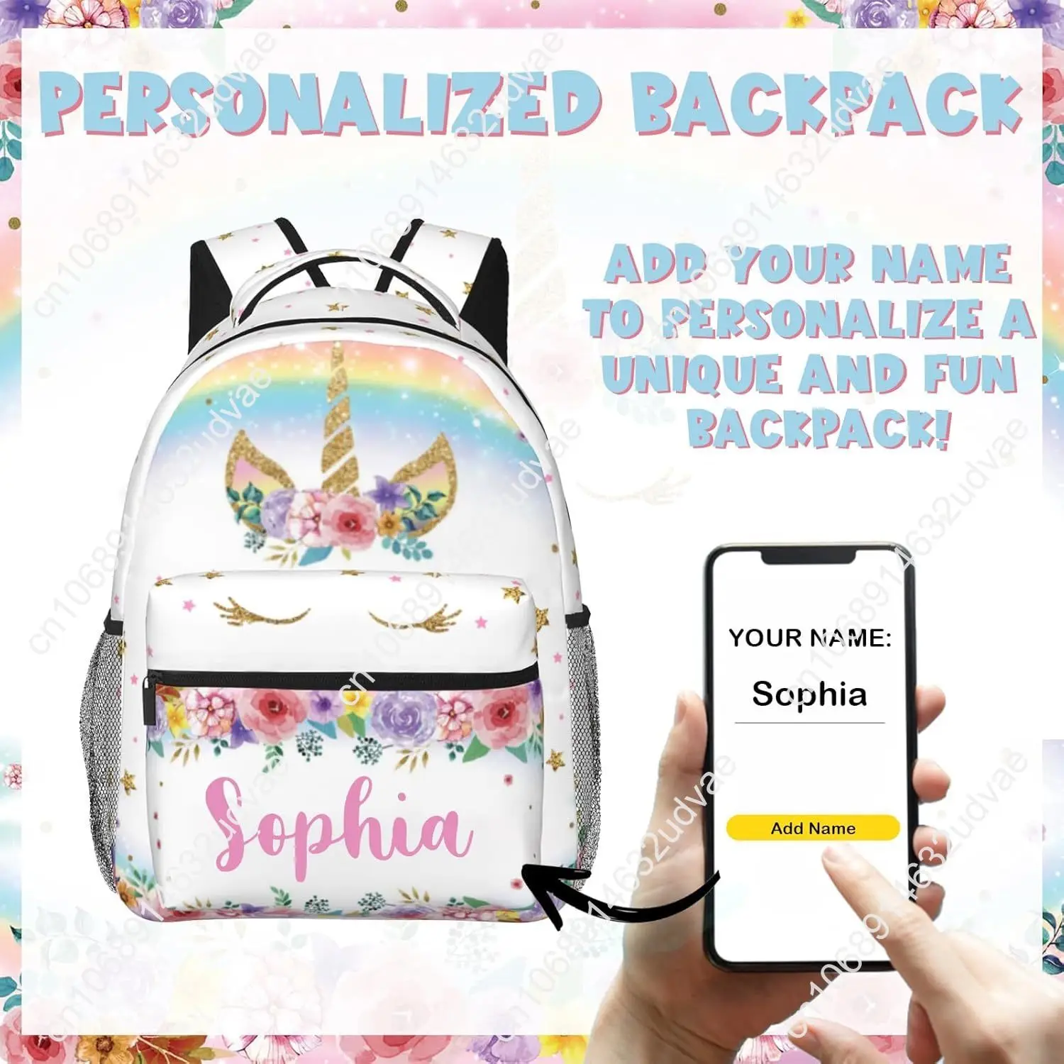 Personalized Backpack for Girls Boys, Custom Backpacks with Name for Kids, Customized Unicorn School Bookbag for Back to School