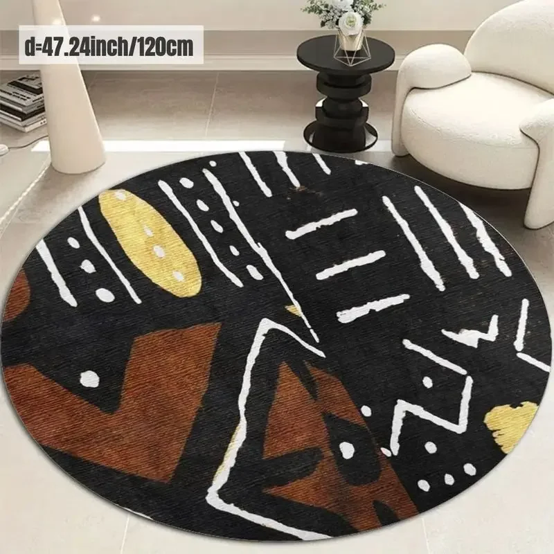 African Tribal Geometric Line Round Rug, Black Brown Yellow Abstract Dotted Print Floor Mat for Sofa Bedroom Living Room Indoor