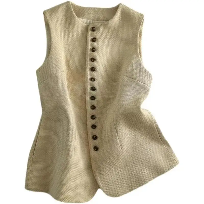 2023 Spring and Autumn New Women's Fashion Solid Color Round Neck Commute All-match Loose Sleeveless Cardigan Button Vests Coats