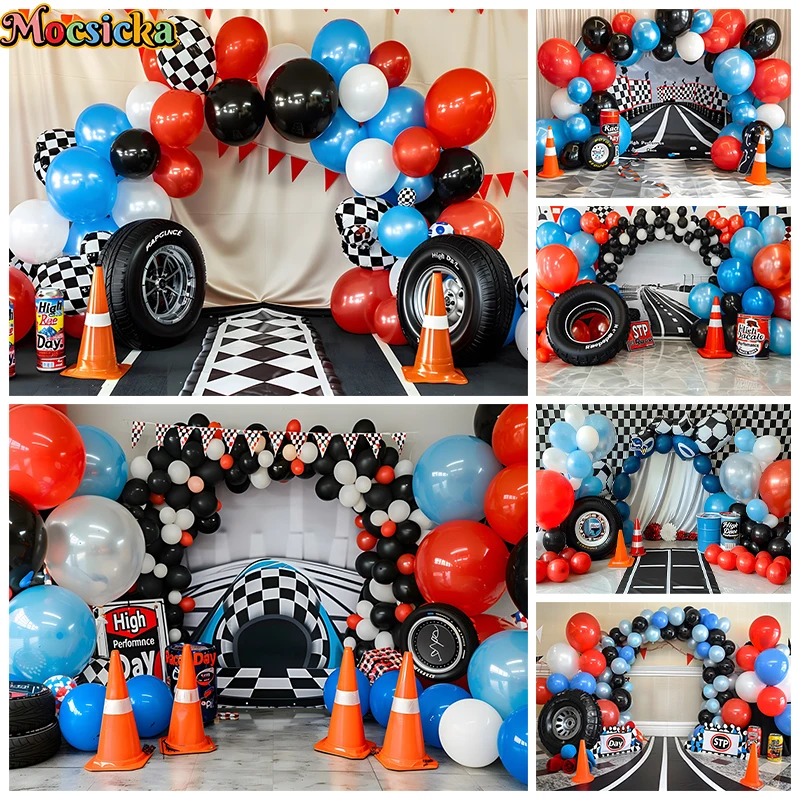 

Baby Shower Backdrop For Photography Track Racing Tire Balloon Photo Background Banner Children Birthday Party Photobooth Poster