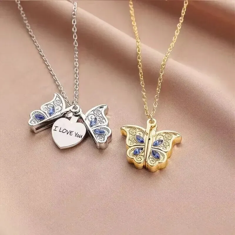 Exquisite Fashion Butterfly Necklace for Women I Love YOU Necklace Can Open Pendant Women's Jewelry Accessories Collares Mujer