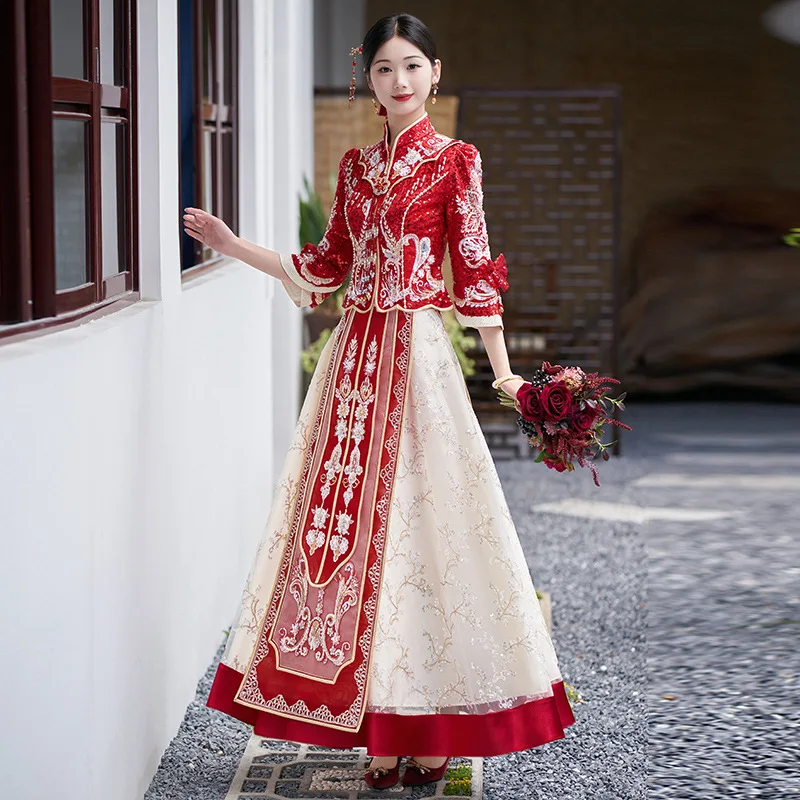 

Elegant Xiuhe Bride's New Chinese Wedding Dress Dragon and Phoenix Gown Female Wedding Dress Summer Slim Toast Wedding Dress