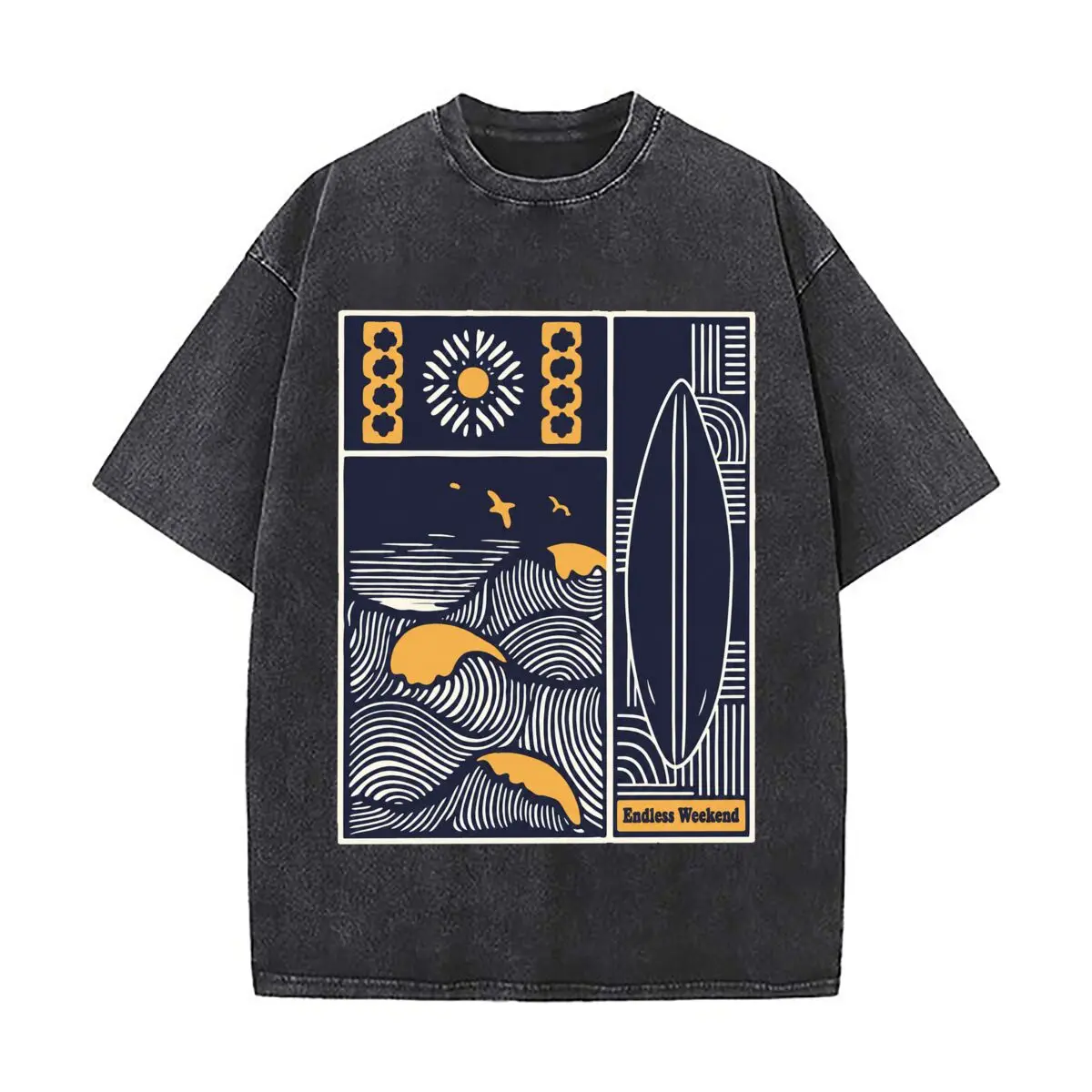 Abstract Surfing Landscape Endless Weekend Washed Vintage Short Sleeve Loose Streetwear Tee