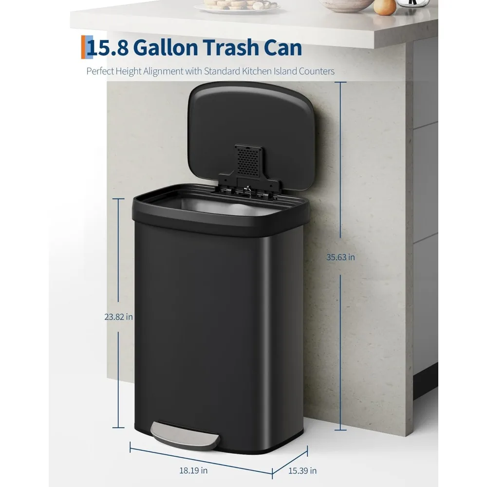 Large Capacity 60-Liter Stainless Steel Rectangular Trash Can with Soft-Close Lid for Recycling and Kitchen Use