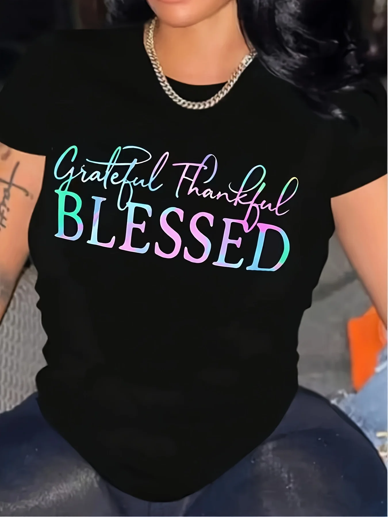 

Summer women's BLESSED letter pattern print fashionable casual sports loose round neck short sleeved T-shirt top