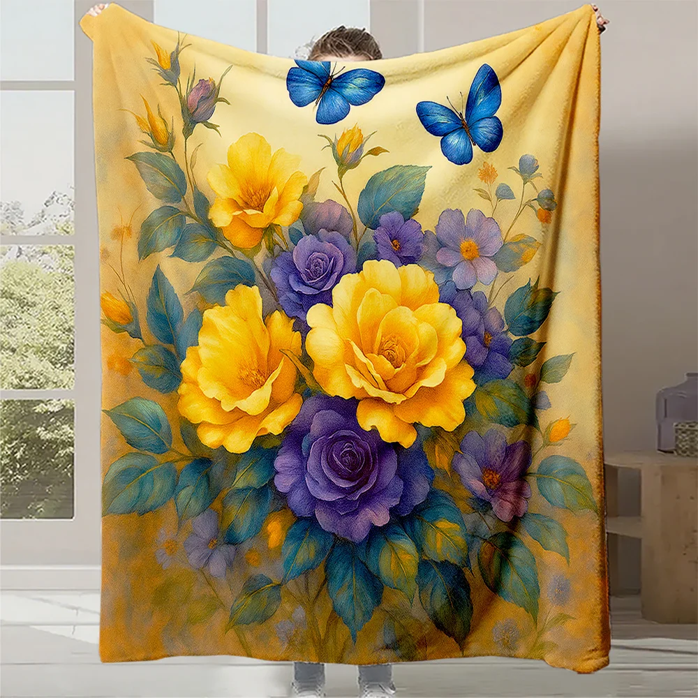 1pc Monet Yellow Purple Roses & Blue Butterfly Print Flannel Blanket - Soft, Warm, and Light Beige-Friendly, All-Season Luxury