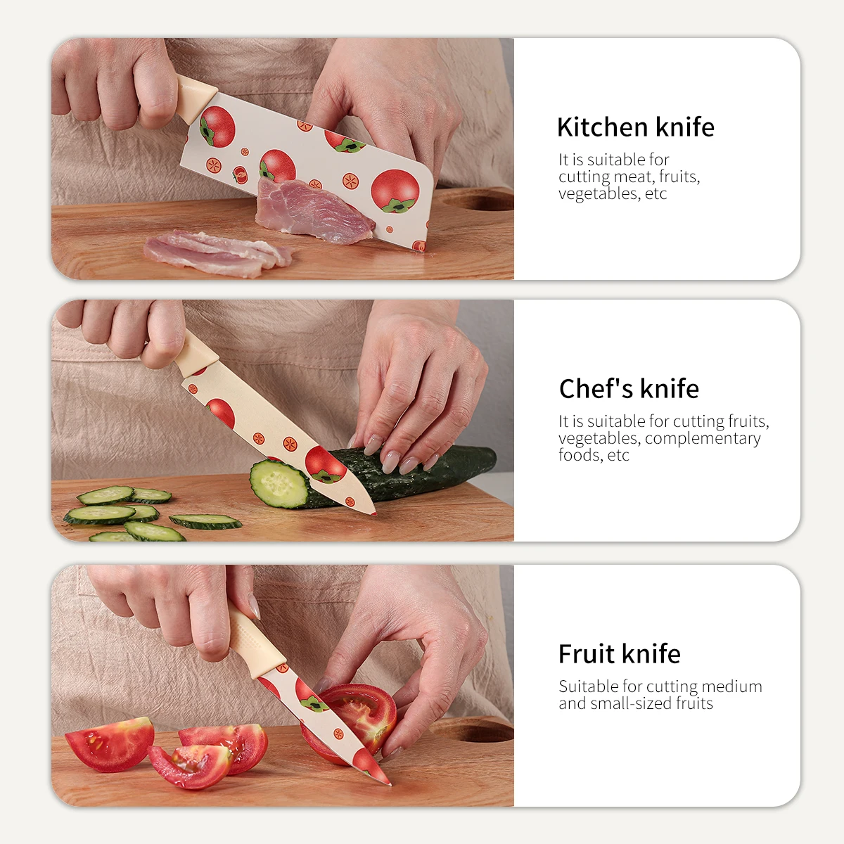 3pcs-set Kitchen Knife Set Stainless Steel Vegetable Knife Fruit Knife Colorful Fruit Print Knife Fruit knife Chef Knife