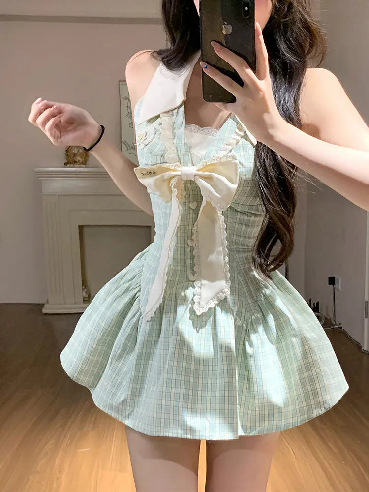 Vestido mullido de princesa de talla grande para niña, minivestido sin mangas con cuello Halter y agradable arco, estampado a cuadros, cintura delgada, sin mangas