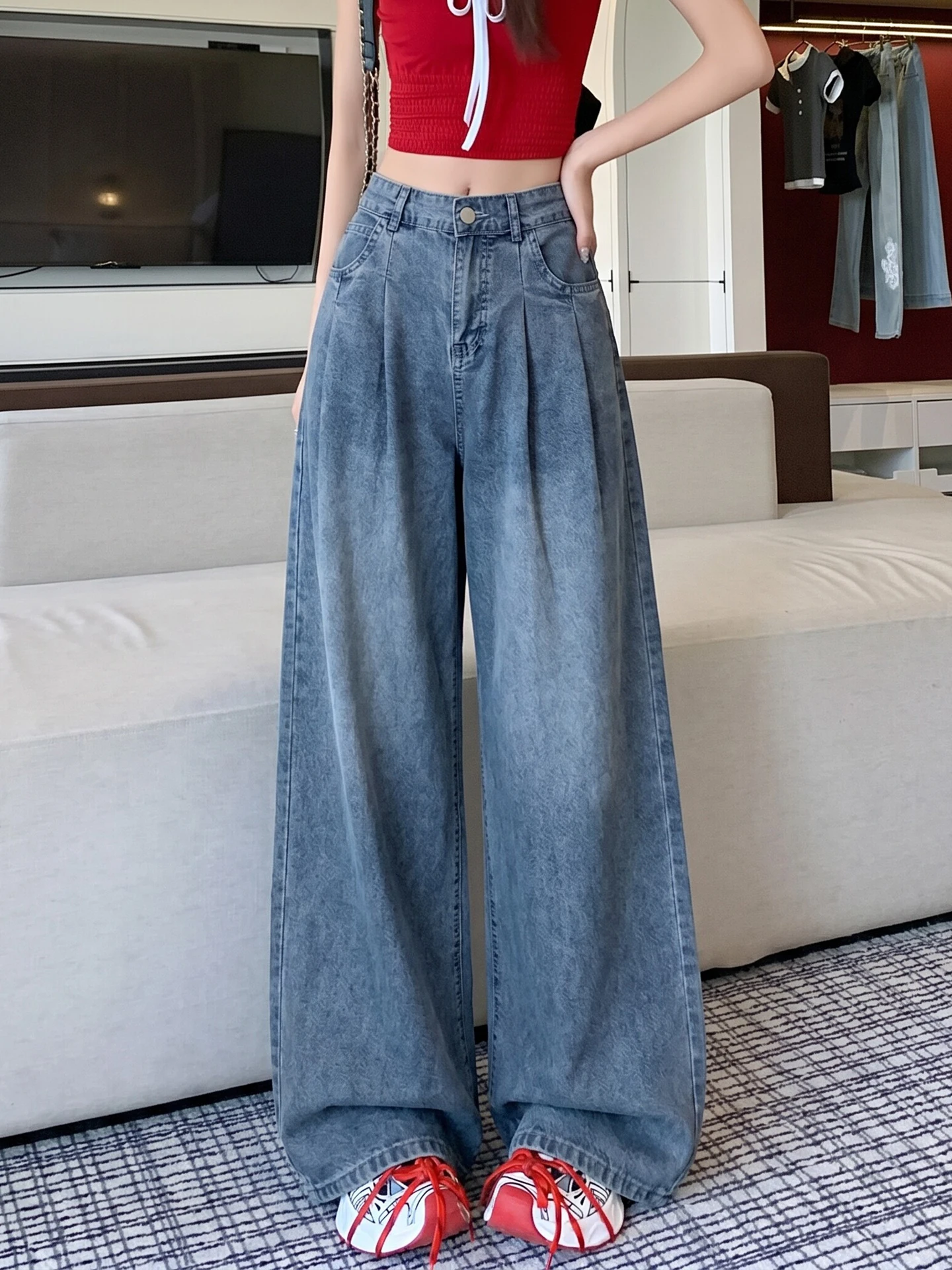 

Lacele Silk Soft Denim Pants Women Summer Thin High Waist Slim Loose Straight Drapey Floor-Length Ice Silk Wide Leg Pants