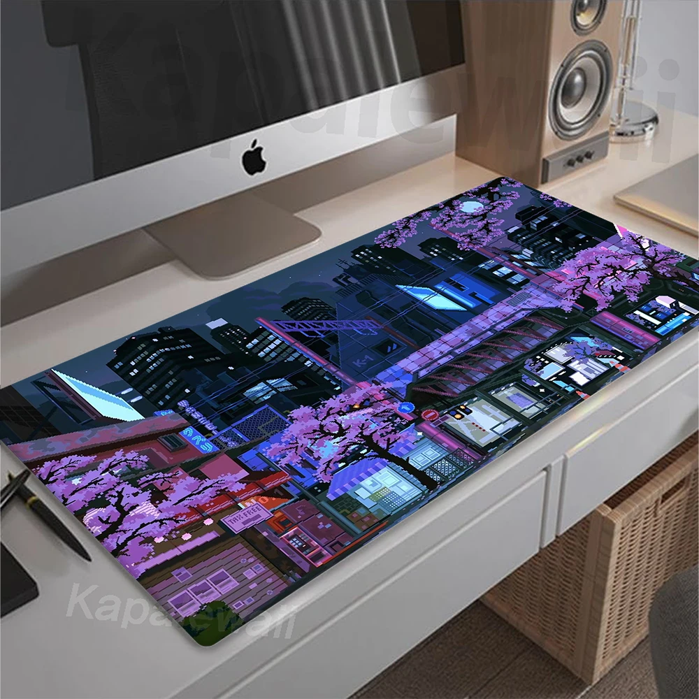 Large Pixel Japan Street Mouse Pad For Gamer Mausepad Gaming Speed Keyboard Pads Neon Mous Mat Office Desk Protector Mat