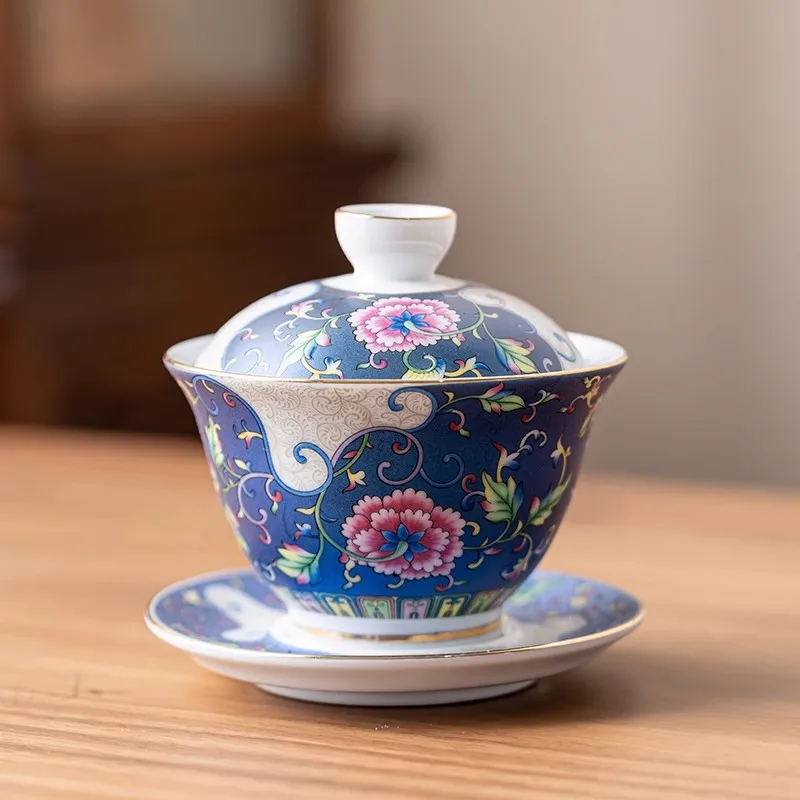 Enamel Color Three-Essence Kung Fu Tea Gaiwan - Vintage Chinese White Porcelain Teacup with Gold Detailing