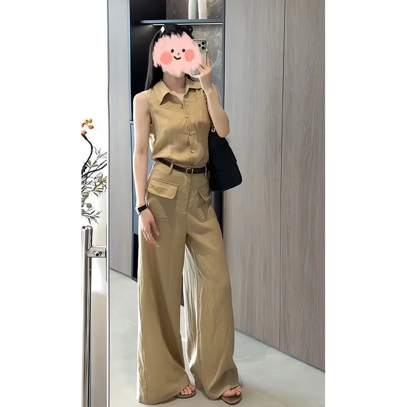 Fashionable Women's Summer 2026 High Waist Wide Leg Pants Vest Two-Piece Set  Collar Sleeveless Elegant Complete Outfit