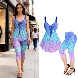 Women Clothes Matching Set Ombre 3D Sparkling Sequin PrintPockets Capri Leggings or Cinched Tank Top