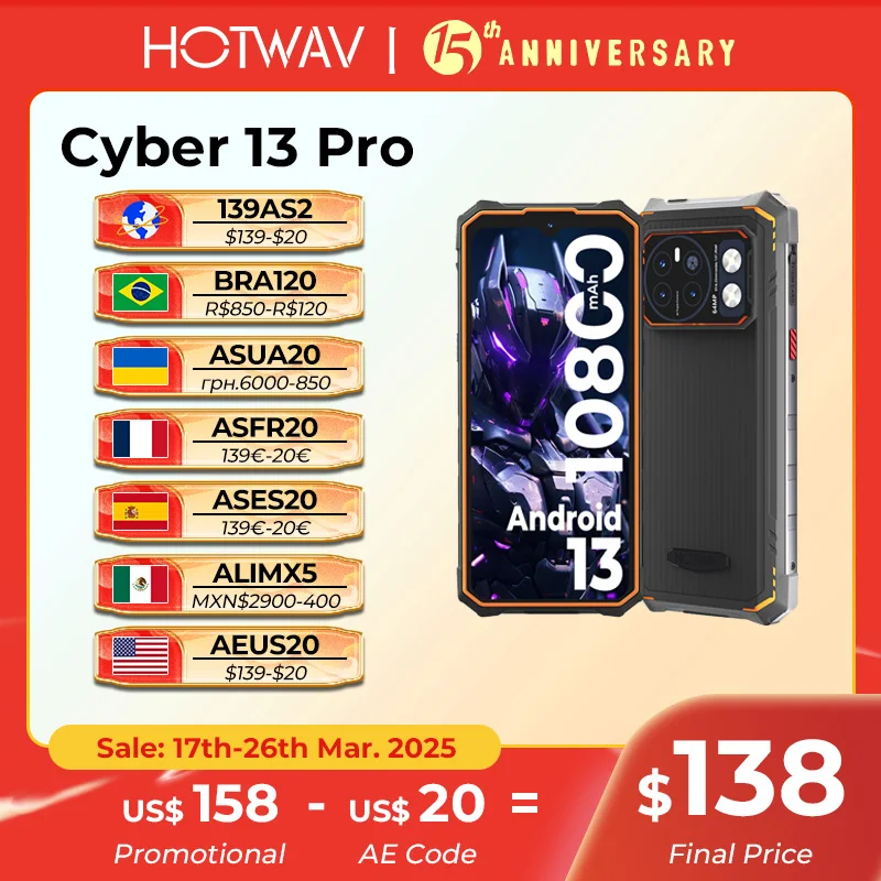 [Wereldpremière] HOTWAV Cyber 13 Pro 20GB + 256GB 6.6 '' FHD + 2K 150LM Zaklamp 64MP Android 13 10800mAh 20W Snel opladen Wereldwijd