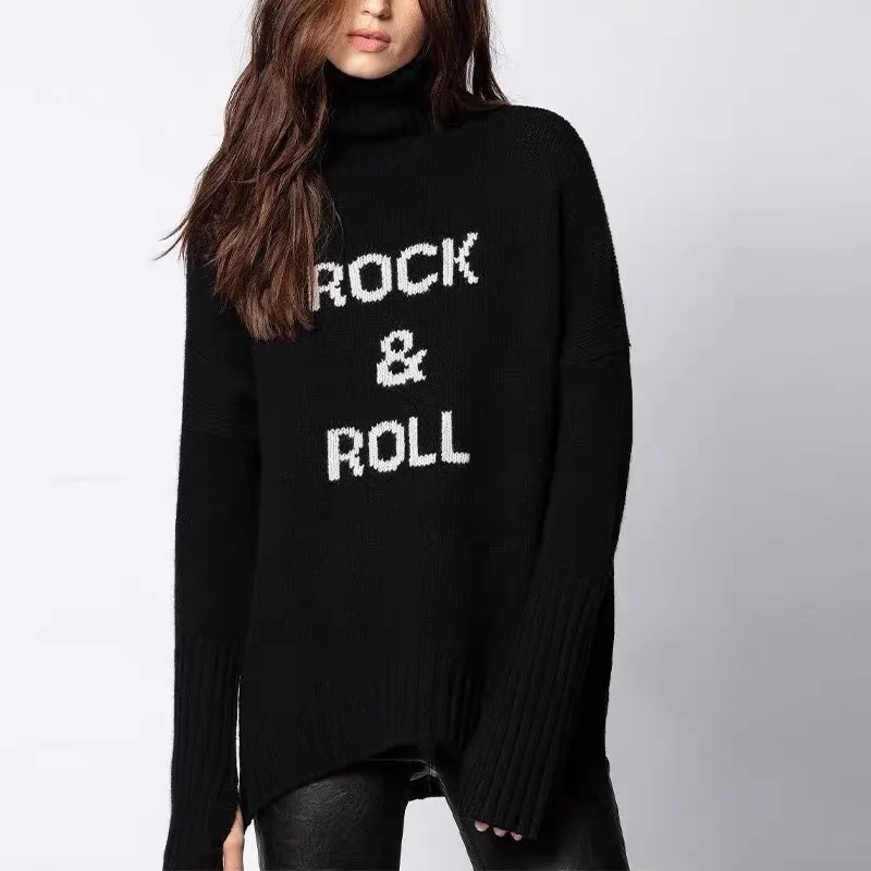 Zadig sweter z golfem damski czarny sweter sweter Casual Rock swetry z literami kobiece luźne zagęszczone swetry z dzianiny kaszmirowej