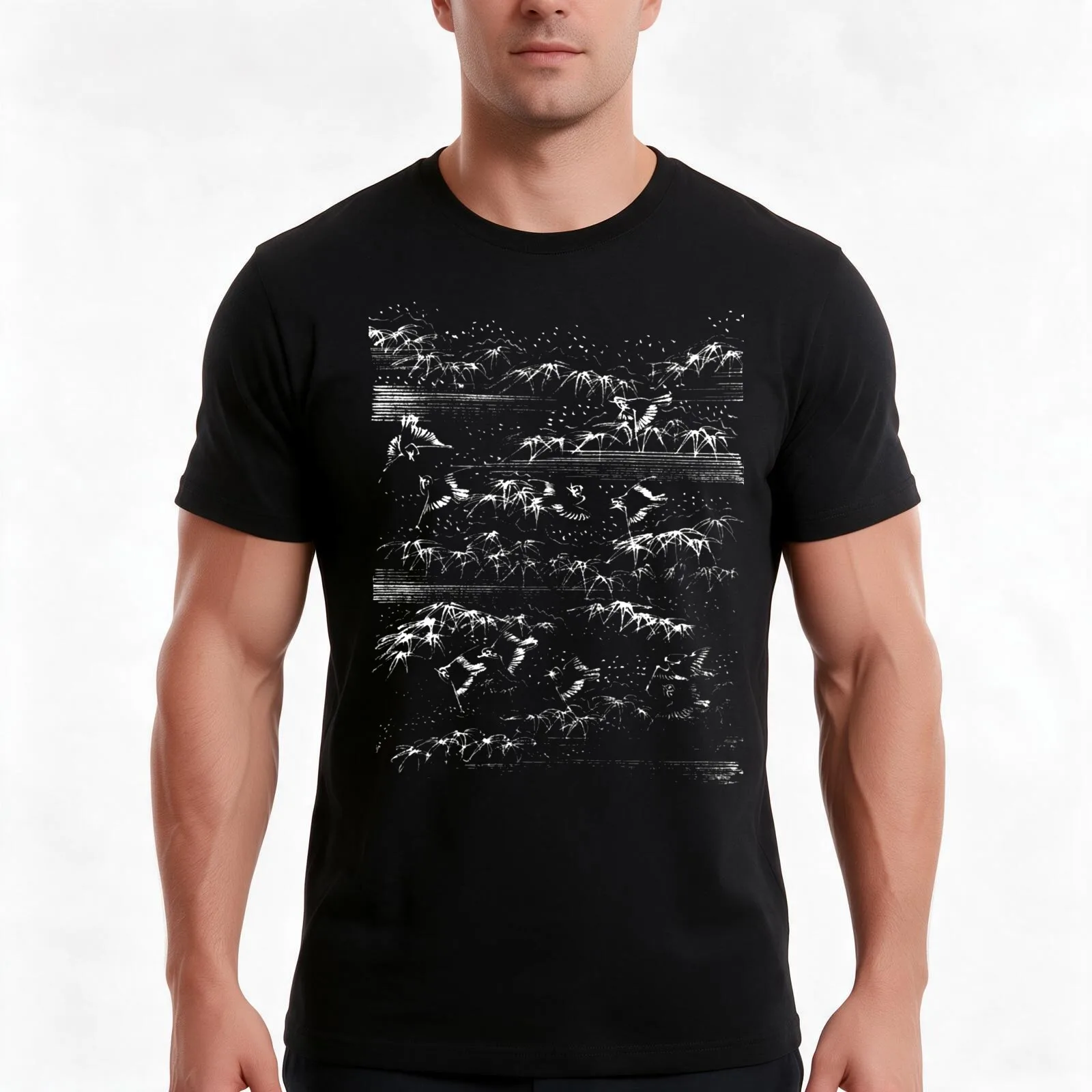 Vintage Kimono Design Flock of Birds T-Shirt, Summer Casual Cotton Tee, Oversized Streetwear Tops, Vintage Graphic Print