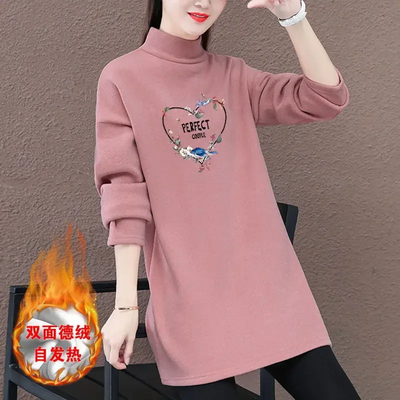 

Women's Mid Length Underlay Top Loose and Plush Thickened T-shirt 2025 Autumn/Winter Half High Collar Long Sleeve Underlay Shirt