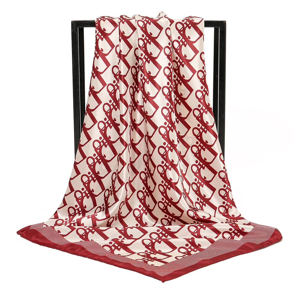 Shopee Hot Sale Faux Silk Letter Print 90cm Square Scarf, Professional Fashion Decorative Bandana Turban Headwrap Factory