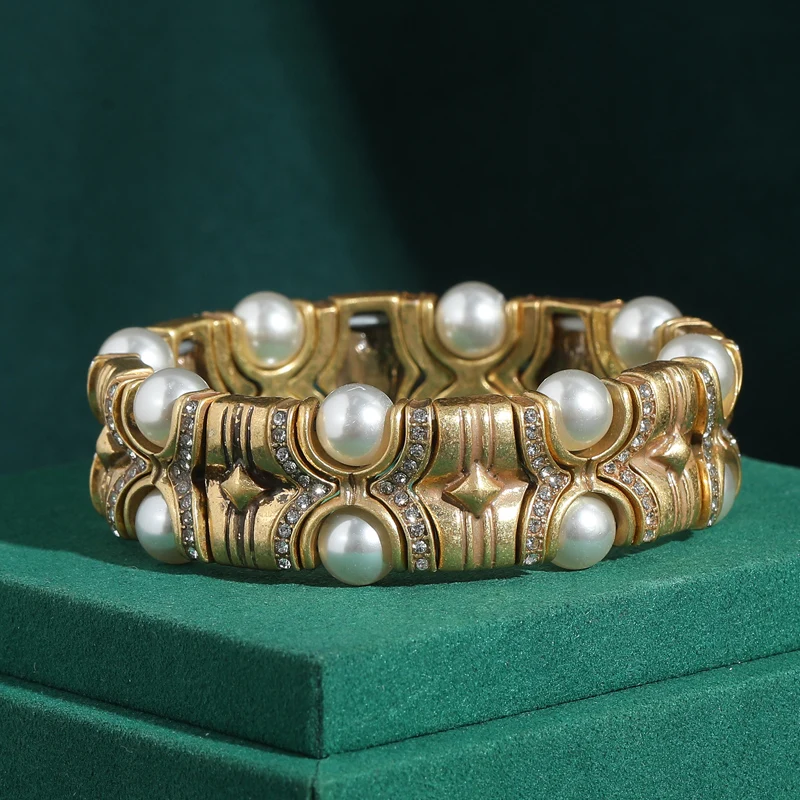 

Vintage Layered Wide Pearl Bracelets For Wedding Antique Gold Color Accessories Luxury Branded Egyptian Jewelry Summer 2025 New