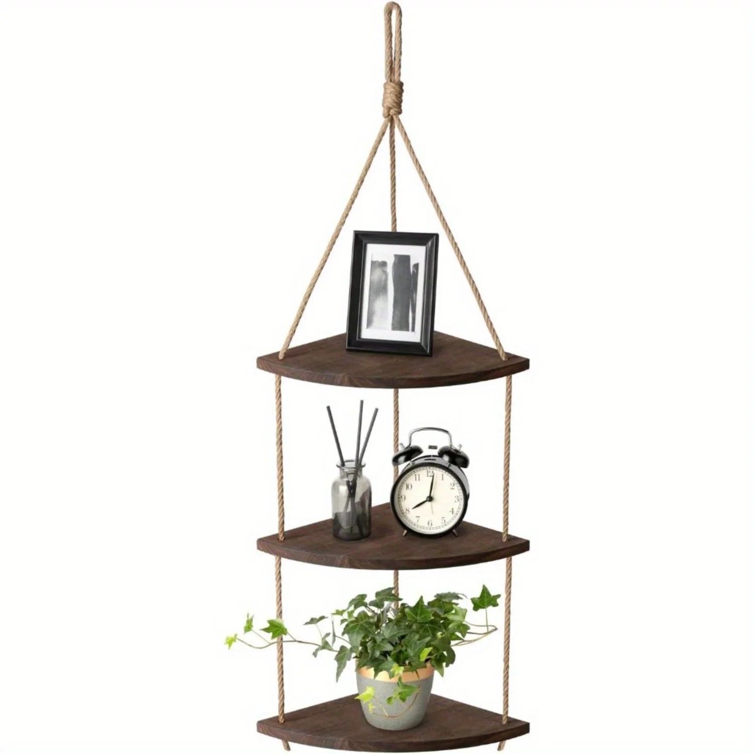 1pc Hanging Corner Shelf 3 Tier Wall Shelf With Jute Rope Wood Floating Shelves Rustic  Corner Decor Farmhouse  Organizer Rack F