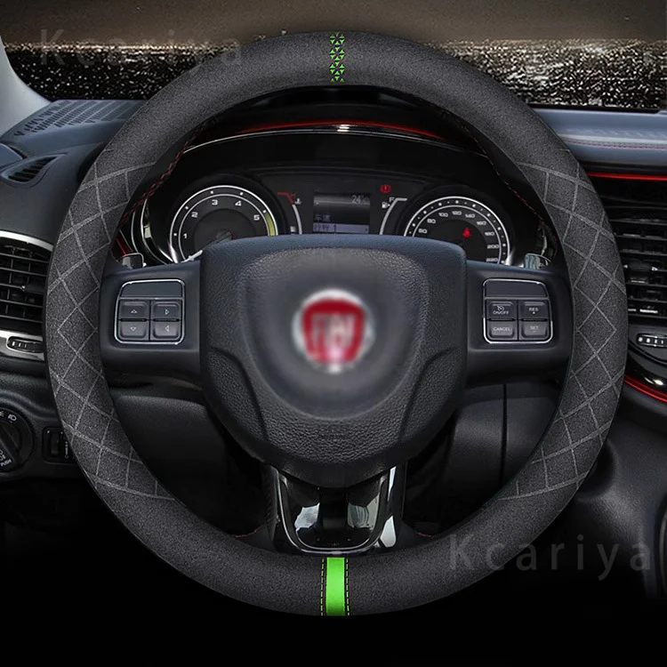 Suede Car Steering Wheel Cover, No-Slip, Genuine Leather, Fiat 500, Panda, Palio, Tipo, Punto, Uno, Stilo, Pondo, FR, Abarth
