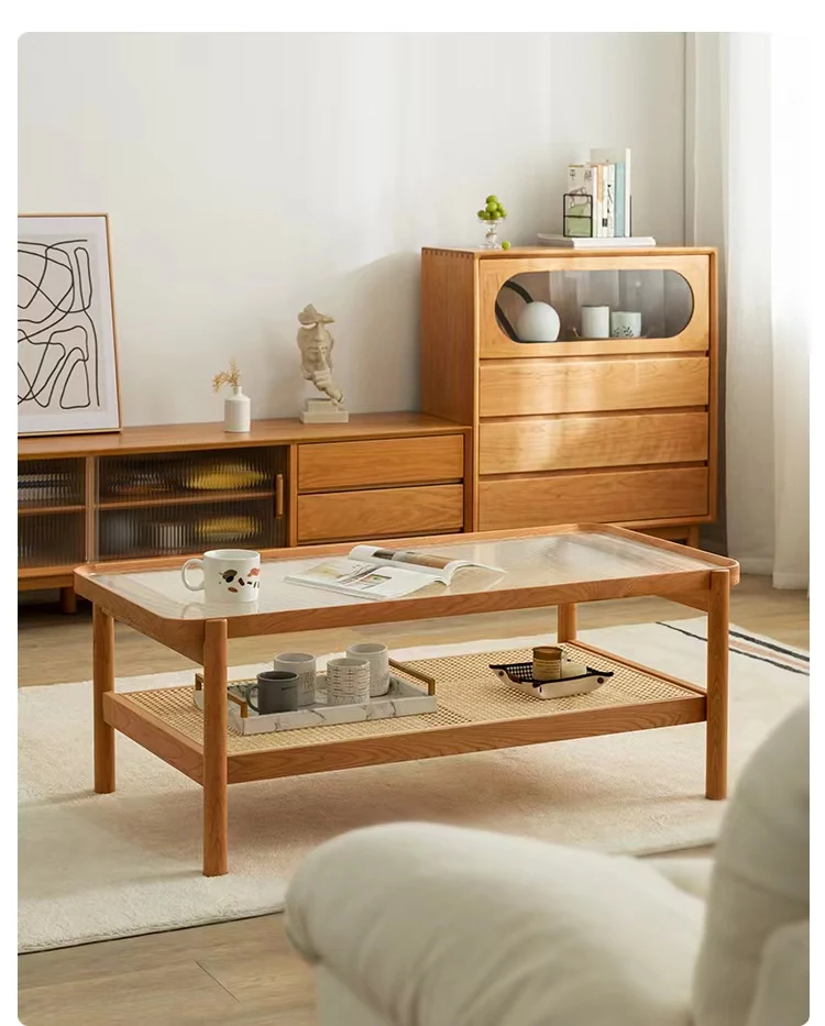 

Nordic Small Family Living Room Rectangular Solid Wood Rattan Woven Glass Coffee Table