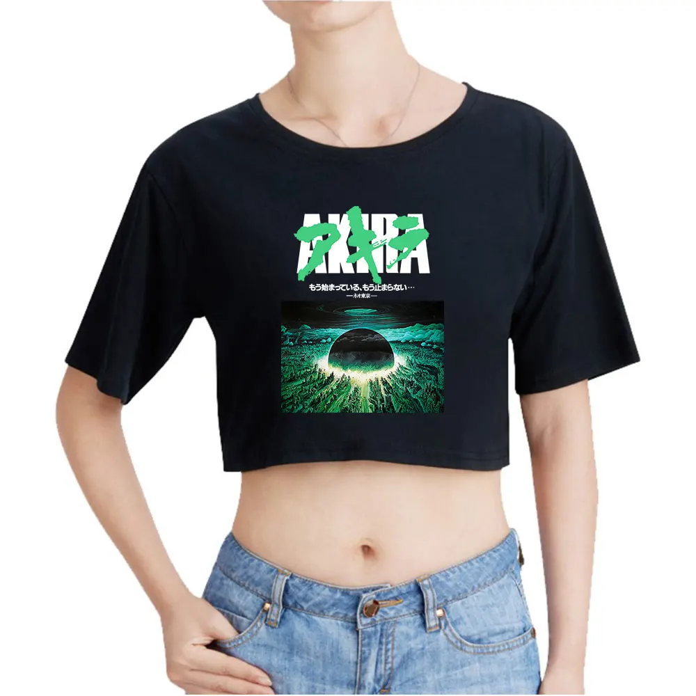 Akira City Explosion Vintage 90s Crop Top Exposed Navel T-Shirt Oversize O-Neck Tops Funny Tshirt Top Women