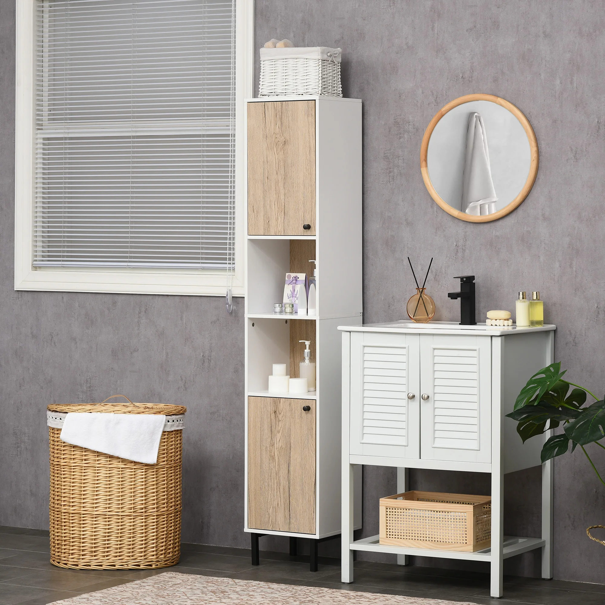 Mobiletto da bagno alto Kleankin con 2 ante e 6 ripiani 31,5X30X169 cm Bianco