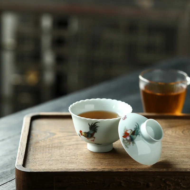 ★Jingdezhen Lace Clear for Leisure Tureen Lucky Picture Jingdezhen Hand-Painted Ceramic Handmade Single Tea Bowl Tea Set