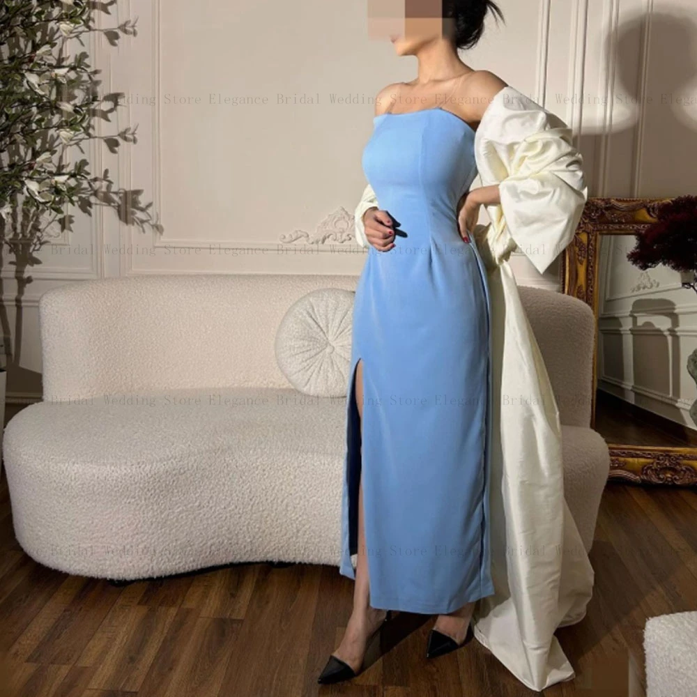 Blue and White Satin Evening Dresses with Jackets and Sleeves Floor Length Tight Formal Dress with Split vestidos de fiesta