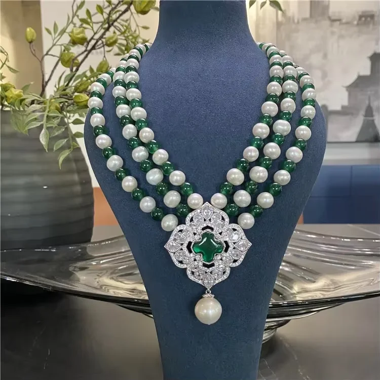 18-20-3-rows-natural-pearl-green-agate-necklace-cz-pave-pendant-for-women