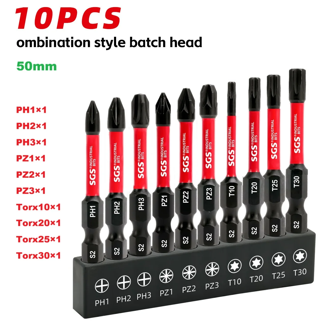 Conjunto de 10 Pontas de Chave de Fenda de Grau Industrial, Modelos Ph1/Ph2/Ph3/Pz1/Pz2/Pz3/T10/T20/T25/T30, Pontas de Chave de Fenda Ph, Pz, Torx, Pontas de 50mm, Material de Aço S2 de Alta Dureza, Pontas Magnéticas Resistentes ao Desgaste, Adequadas par